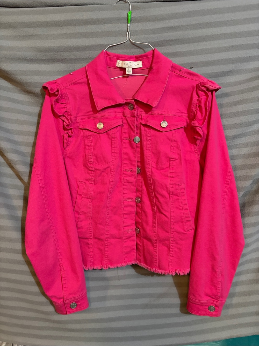 Chelsea & Violet Vibrant Pink Ruffle-Trim Denim Jacket